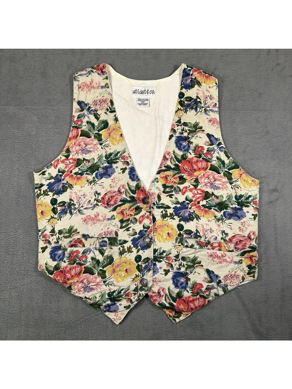 Vintage At Last & Co Floral Vest Cream Women’s Small Cotton Cottagecore Boho
